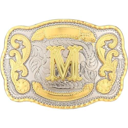 Rectangle gold Western Belt Buckle Initial Letters ABCDMRJ to Z Cowboy Rodeo Small Gold Belt Buckles for Men Women