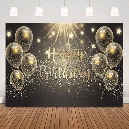 Gold Glitter Happy Birthday Background Balloons Stars Birthday Cake Table Background Decorations Shiny Black Photo Shoot Props