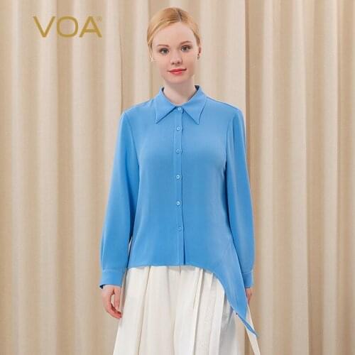 VOA 41m/m Silk Blue Scrub WrinkledSurface Lapel and Long Sleeve Ruffled Hem Asymmetric Single-Breasted Straight Shirt BE287