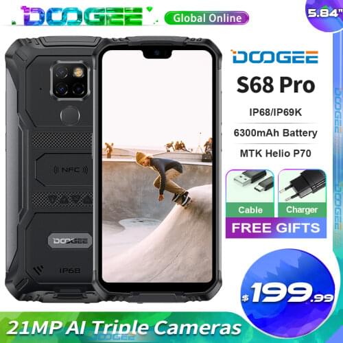 DOOGEE S68 Pro IP68 Waterproof Rugged Phone Wireless Charge NFC 6300mAh 5.9 inch FHD+ Helio P70 Octa Core 6GB 128GB Smart Phone