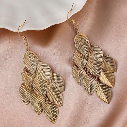 Vintage Long Alloy Leaf Tassel Earrings for Women Ethnic Elegant Gold Silver Color Geometric Drop Earrings Boho Female Jewelry