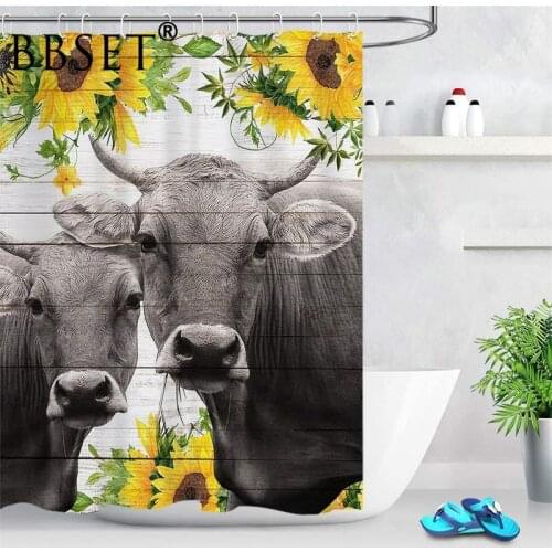 Farm Cow Shower Curtain Sunflower Rustic Barn Farmhouse Pattern Waterproof Fabric Bathroom Decor Animals Printed Shower Curtain
