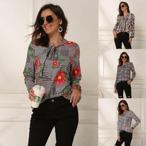 Women Summer Beach Blouse Ladies Floral Print V-Neck Long Sleeve Shirt Long Sleeve Shirt Tops