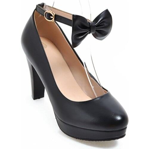 Big Size 11 12 13 14 15 platform heels women shoes woman pumps ladies Button bold-heeled bow with pointed and shallow mouth