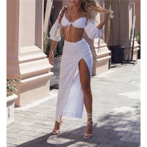 2021 Two Piece Set Long Sleeve Crop Top Starpless Bodycon Long Skirt Women Set Summer Sexy White Club Party Ladies Dress Sets