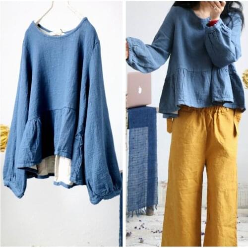 Women Retro Lantern Sleeve Loose Rough Linen Tops Solid Color Ladies Ruffle Tees Shirt T-shirt Female 2019 Autumn Spring Vintage
