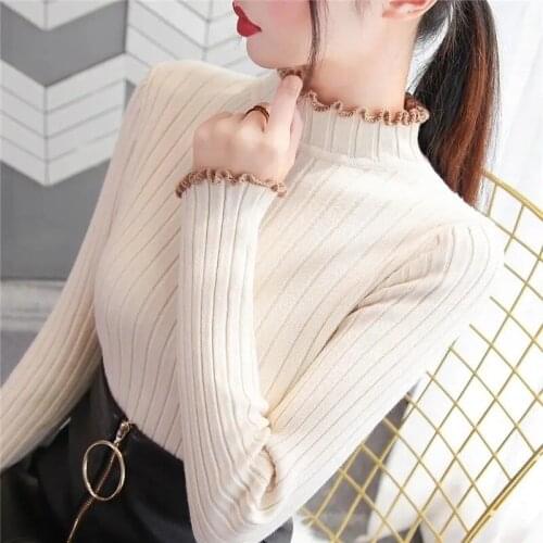 2021 Autumn Winter Pullover New Womens sweater Slim Casual Ruffle Long Sleeve High Collar Warm Bottoming sweater Female Tops