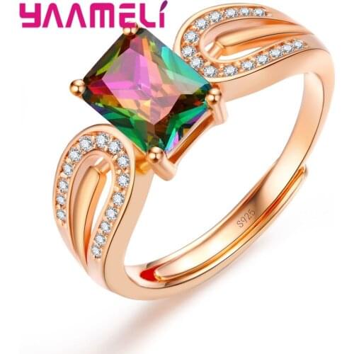 Women Ladies Luxurious Classical Different Design Opening Finger Rings Square Cubic Zirconia Rose Gold Crystal Jewelry