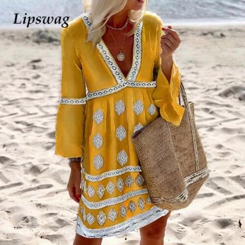 2021 Casual Long Sleeve Autumn Loose Dress Sexy V Neck Women A-line Party Dress Female Vintage Print Summer Beach Dress Vestidos