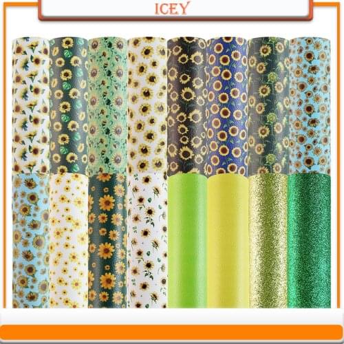 16pcs 16*21cm Glitter Print Sunflower Daisy Flower Leather Material Set Earrings Bag Headband Diy Jewelry Accessories