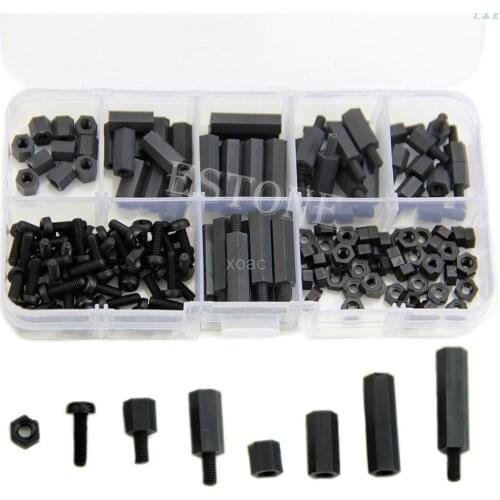160Pcs M3 Nylon Black M-F Hex Spacers Screw Nut Assortment Kit Stand off Set Box M08 dropship