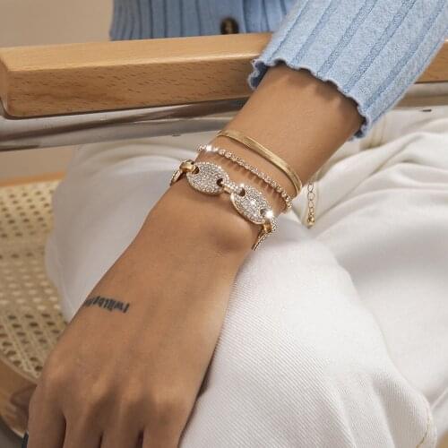 3Pcs/Set Iced Out Link Chain Rhinestone Bracelets Bangles for Women Gold Color Chunky Crystal Bracelet Charm Hand Jewelry Gift