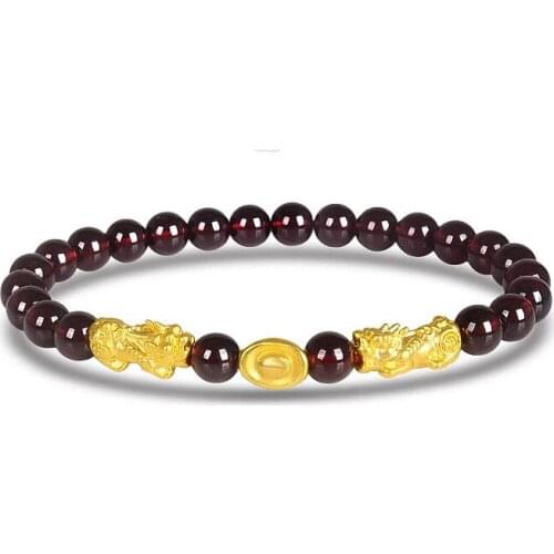 Pure 24K Yellow Gold Bracelet Womans Man Luck Pixiu Ingots Link Garnet Bracelet 6.3inchL Fashion Luck Link Chain 1-1.5g