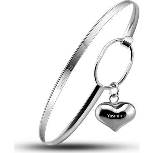 Classic womens 100% 925 silver bracelet heart pendant original silver opening bracelet minimalist bangle fine jewelry pulseira