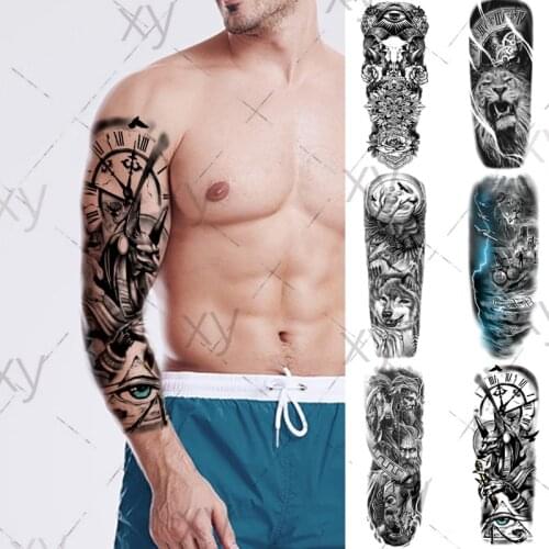 Black Full Arm Temporary Tattoo Sticker Men Adult Lion Tiger Totem Zeus Flash Tatoo Waterproof Body Art Fake Sleeve Tatto