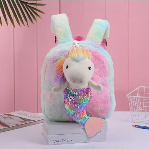 Children Sequins Unicorn Backpack Glitter School Book Bag Girls Boys Cute Plush Mermaid Plush Toy Double Shoulder Bag Mochila
