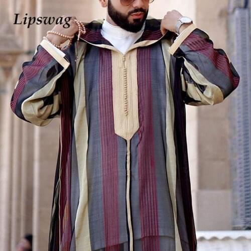 Islamic Kaftan Muslim Robes Men New Casual Striped Print Long Sleeve Loose Robe Fashion Mens Patchwork Lapel Robes Arabia Thobe