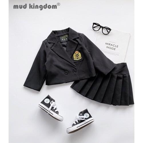 Mudkingdom Suits Skirt Girls Set Long Sleeve Turn-down Collar Tops Pleated Skirts College Style Solid Sets Toddler for Spring