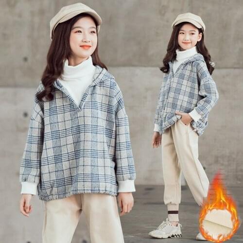 Girls Clothing Set Winter 2020 New Fleece Thicken Childrens Plaid Woolen Pants Turtleneck Hoodie Sport Suit for Girls Tracksuit