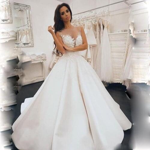 Lace Sheer Jewel Neck Wedding Dresses Custom Made Appliques Satin Floor Length Dress For Marriage Bridal Gown Formal Vestido De