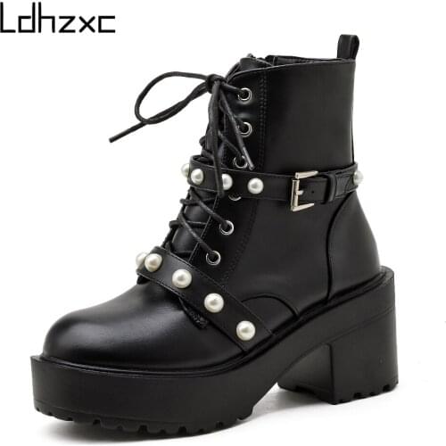 LDHZXC 2020 Punk Style Platform Women Ankle Boots winter Wedge Heel Fashion Buckle Ladies Chunky Shoes Black Great Quality