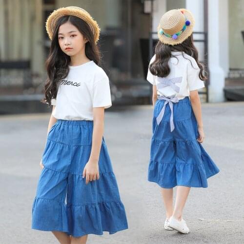 Medium and Large Girls Summer Suit Letters Short-sleeved Shirt & Pants Burst Broad-legged Jeans Clothes Two-piece Girl Set