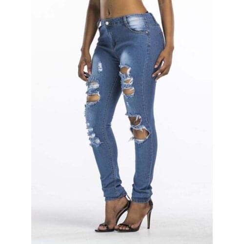 Hot Sale Free Shipping Womens Sexy Fashion Jeans Female Cotton Pencil Pants Slim Denim Long Trousers Casual Ripped Jeans