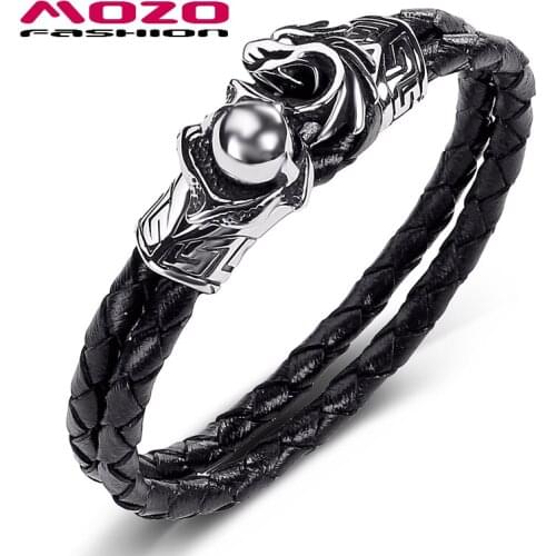 Fashion Bangle New Men Jewelry Black Double Layer Leather Stainless Steel Punk Dragon Claw Beads Bracelet