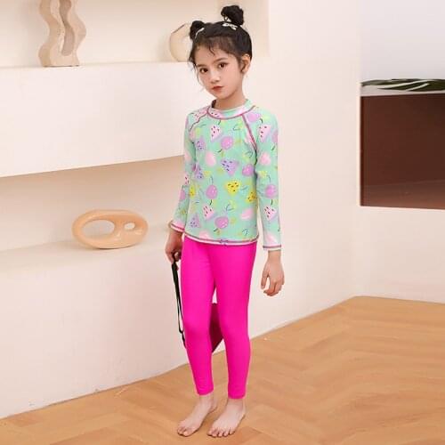 New Long Sleeve Trousers Swimwear Sunscreen Girls Two Pieces Swimsuit Sports Beachwear Baby Print Bathing Suit Kids Hot Spring