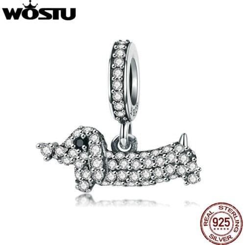 WOSTU 100% 925 Sterling Silver Dog Poppy Dachshund Round CZ Stone Dazzling Sparkling Beads for Lady Brand Charm Bracelet DXC709