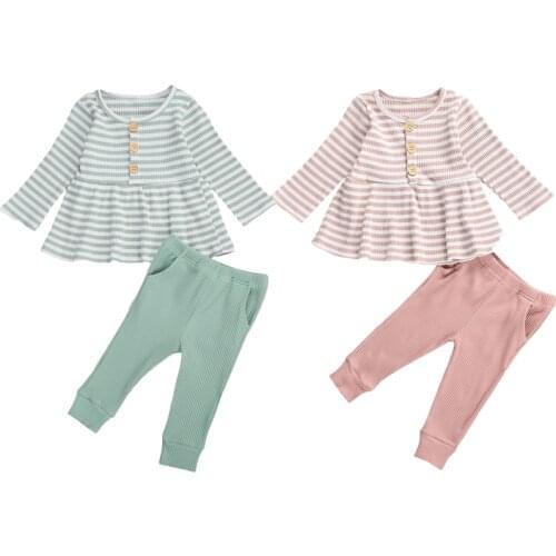 0-4Y Autumn Toddler Girls Clothes Sets Long Sleeve Striped Button Knit Tops Long Trousers Pants 2pcs