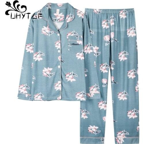 UHYTGF pajamas for women long-sleeved cotton print spring autumn nightie womens home clothes trousers plus size sleepwear 1754