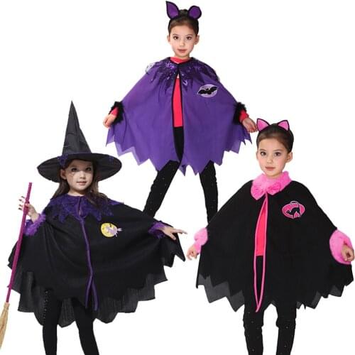 Halloween Witch Cloak Headwear Gown Robe Cosplay Costumes Coat Cloak Witch Hat Girl Party Costumes For kid Chirstmas