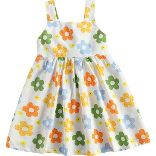 1Girls Dress, Flower Print Sleeveless Sling Dress for Vacation Birthday Party Photography