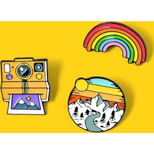 Rainbow sunrise camera Beautiful scenery Enamel Lapel Pin hike travel Snow mountain forest Creative Brooch Custom Badge gift