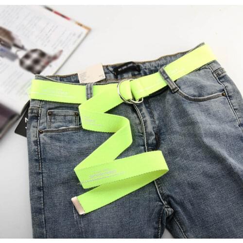 Unisex Canvas Belts Letters Printed D Ring Double Buckle Punk Waist Strap Long Fluorescent Green Jeans Women Men Teenager Belt