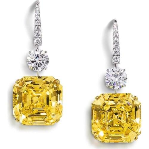Luxury 100% Solid 925 Sterling Silver 14*14mm Citrine Lab Created Moissanite Drop Earrings Wedding Engagement Fine Jewelry Gift