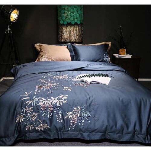 120S Egyptian Cotton Luxury Embroidery Royal Bedding Set 4/6pcs King Queen Wedding Bed Sheet Cover set Duvet Cover Blue flower