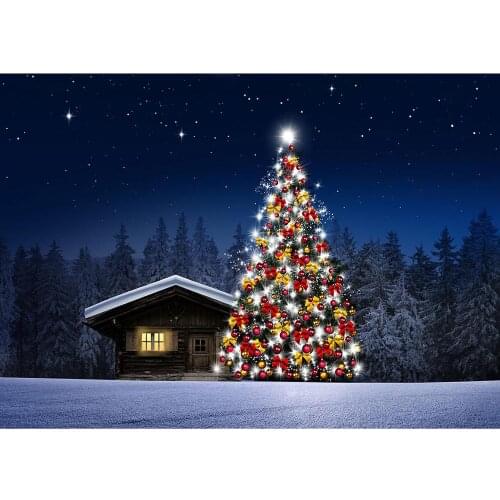 Christmas Tree Wooden Cabin Forest Night Star Photography Backdrop Vinyl Background for Children Home Photocall Props Photobooth