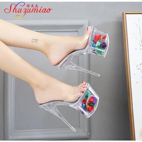 Shoes Women Slippers Summer Sexy Crystal Slipper Thin Heels 17cm Transparent Sandals Cool Slippers Size 34-43 Females Slippers