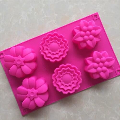 Silicone Flower Cake Molds, 6-Cavity Muffin Jelly Tart Bread Dessert Baking Pans, Chocolate Soap Making Trays