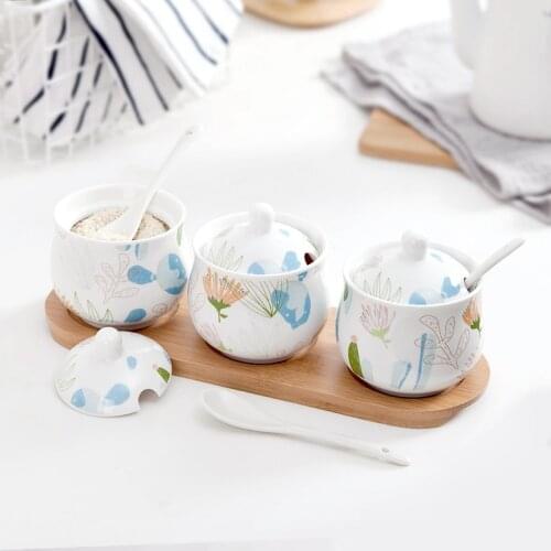 Nordic Household Ceramic 3Pcs/Set Spice Jar Sugar Salt Pepper Seasoning Pots kitchen supplies Storage bottle Rack Cooking Tools