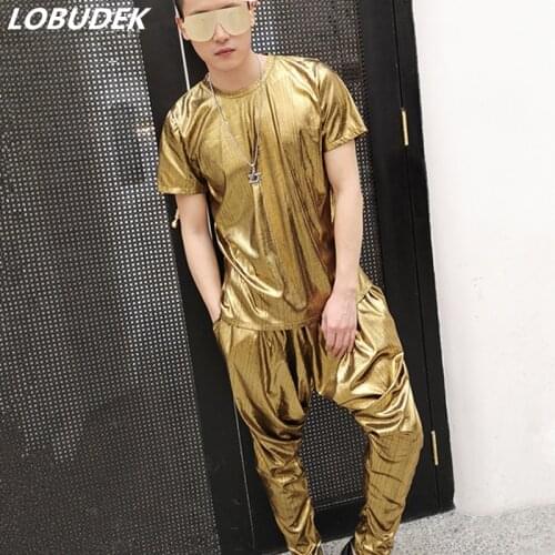 Tops+Pants) Mens Gold Set Tide Male Singer Nightclub Bar Clothing HIP HOP Rock DJ Dancer Performance Outfit Show Stage Costume