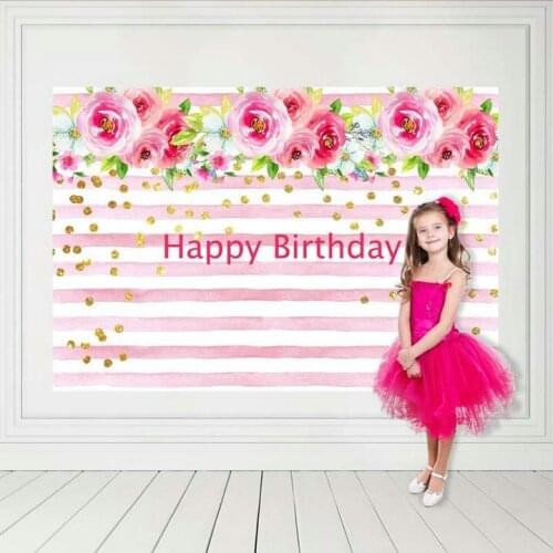 Flowers Pink And White Stripes Happy Birthday backdrops Vinyl cloth High quality Computer print party Background