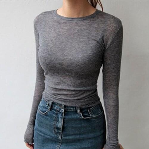 Spring Autumn Korean Fashion T-shirt Women Long Sleeve Sexy Slim Basic O Neck Solid Skinny Cotton Tops Woman Tee Shirt Female