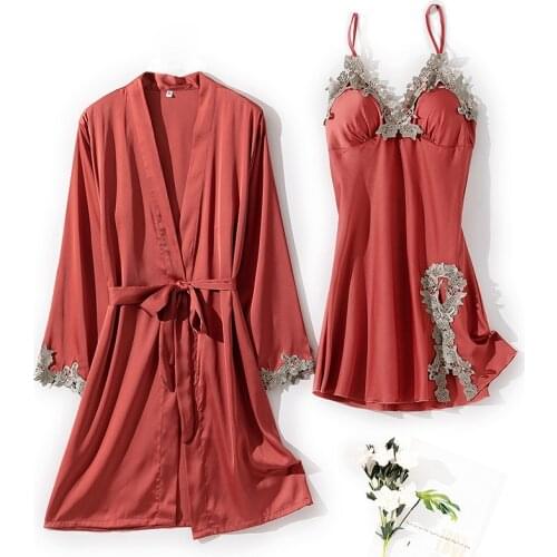 Female Nighty&Robe Set Nightgown Home Wear 2PCS Sleepwear Women V-neck Robe Set Satin Lace Gown