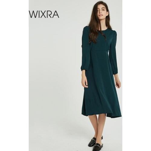 Wixra Women Solid Dresses Elegant O Neck Long Sleeve Mid-calf Lace up Womens High Waist Dresses 2019 Autumn Spring