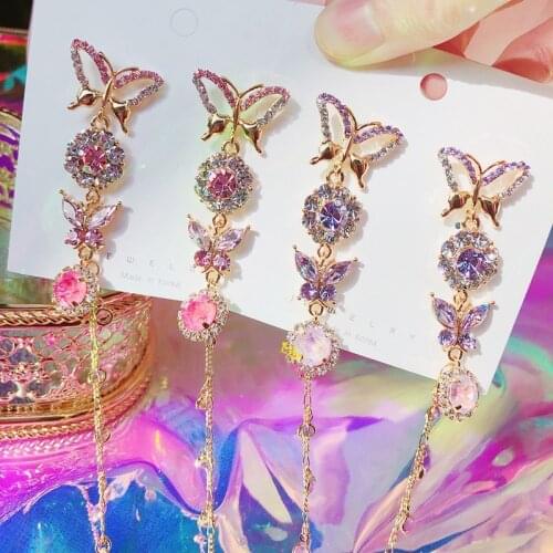 MENGJIQIAO 2020 Fashion Korean Crystal Butterfly Long Tassel Drop Earrings For Women Students Holiday Party Pendientes Jewelry