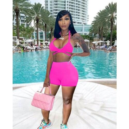 Neon Women 2 Piece Set Off Shoulder 2021 Summer V Neck Tank Top + Skinny Biker Shorts Set Activewear Fitness Workout Tracksuits