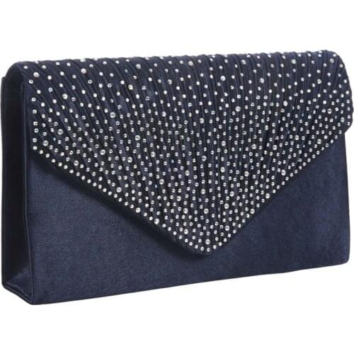Womens Silk face Diamond Clutches Shoulder Bag Evening Bridal Prom Satchel Chain Handbag(Navy blue)